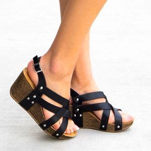 Black Strappy Cork Wedge Platform Sandals